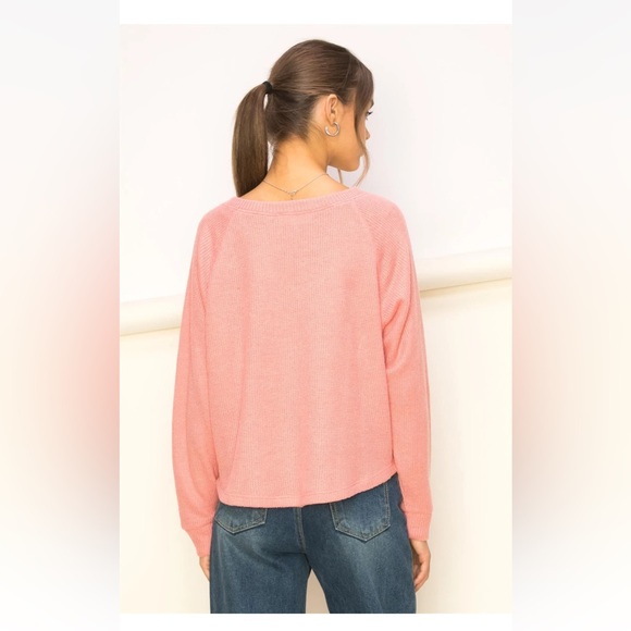 58. NWT Double Zero V-Neck Waffle Knit Fleece Lined Long Sleeve Top in Pink - Picture 5 of 5